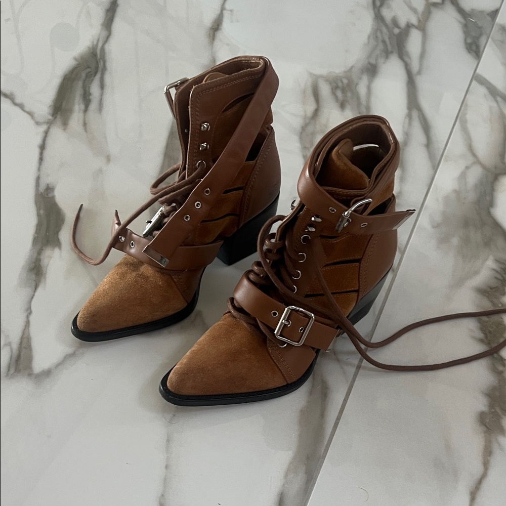 Chloe Brown Suede & Leather Lace-Up Ankle Boots
